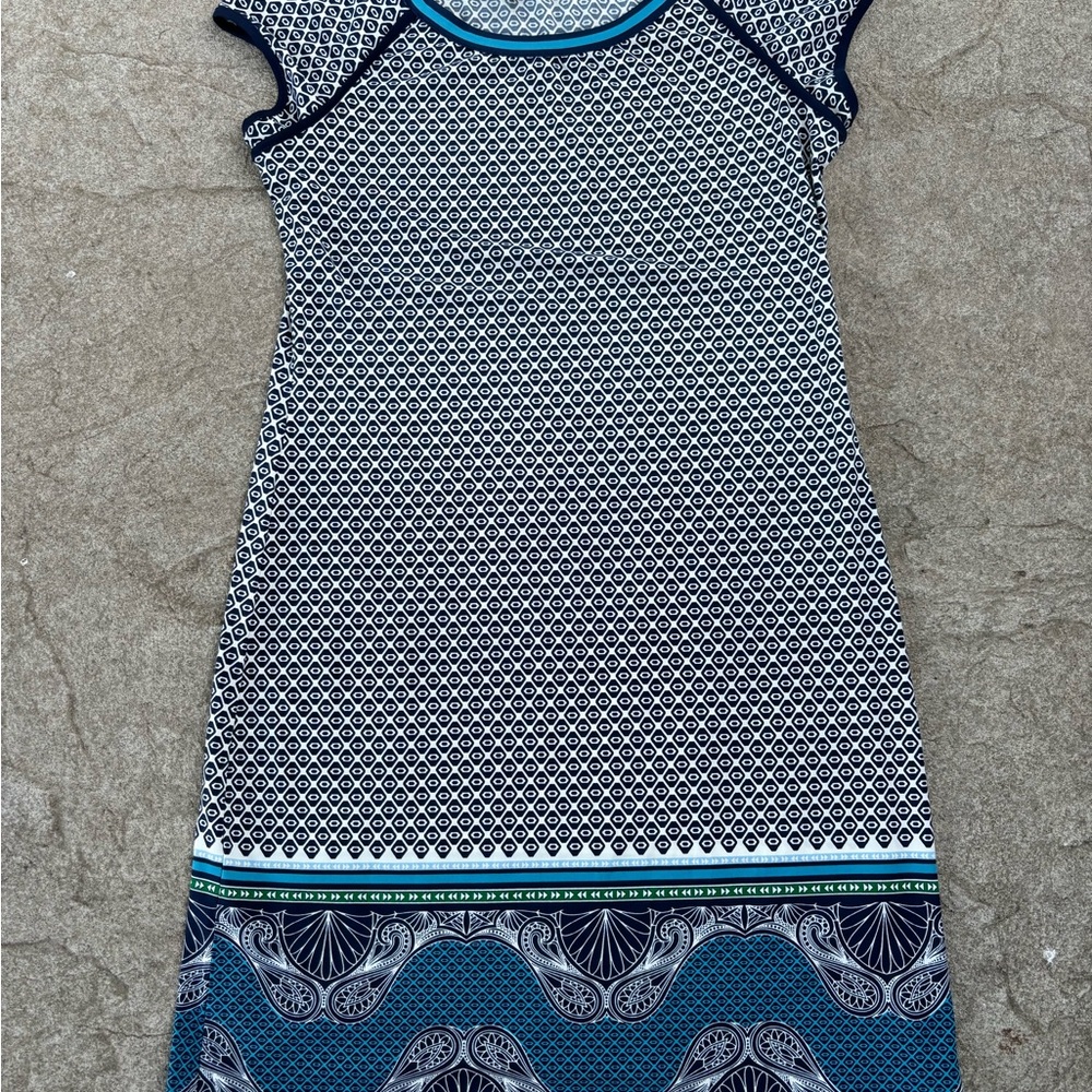 Francesca’s Sheath Cap Sleeve Dress Size Small Geometric Design Blue/White/Green